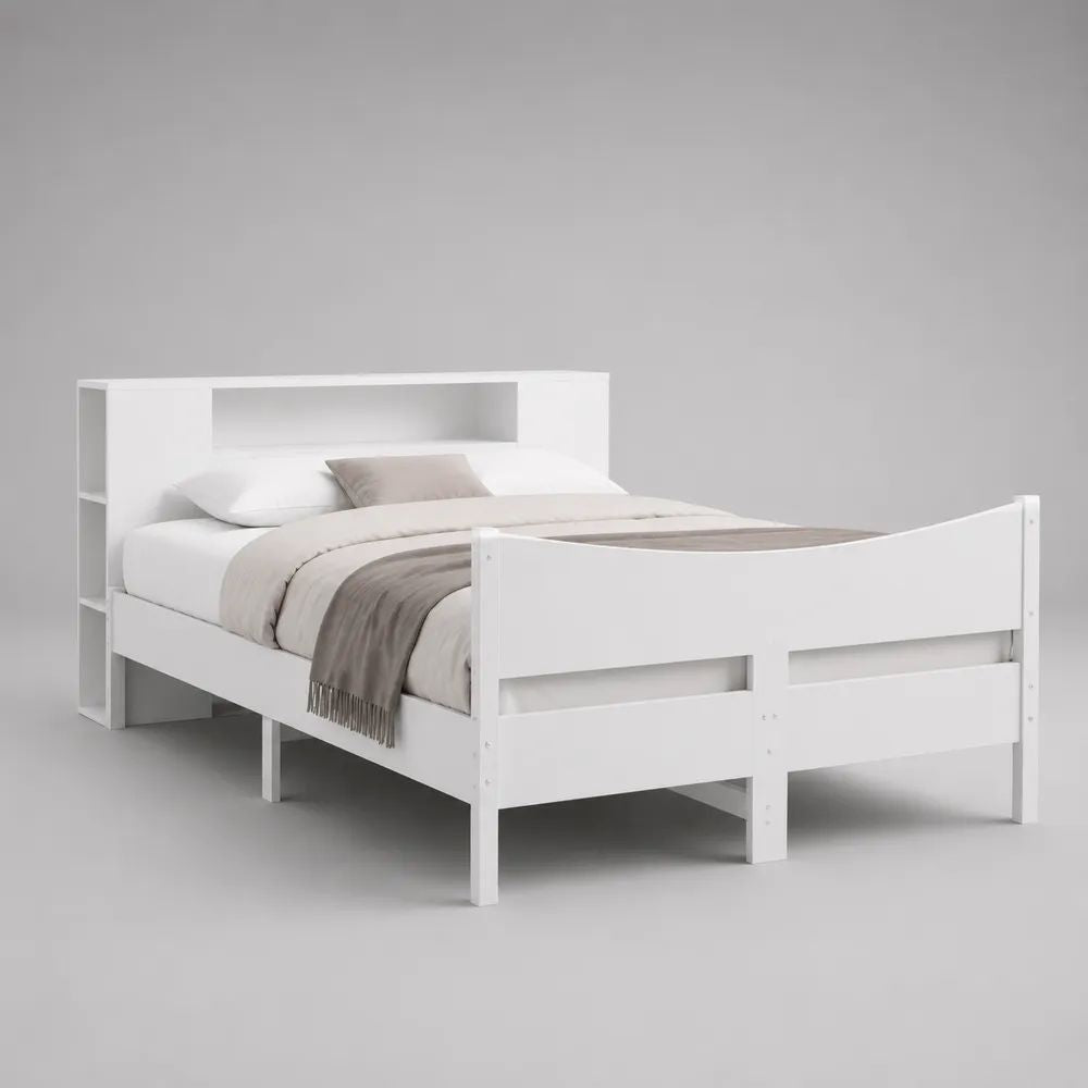 Bettgestell mit Regal-Kopfteil, Liegefläche 140 x 200 cm, Gesamtmaß 217 x 147 x 100 cm, MDF und Spanplatte, Weiß