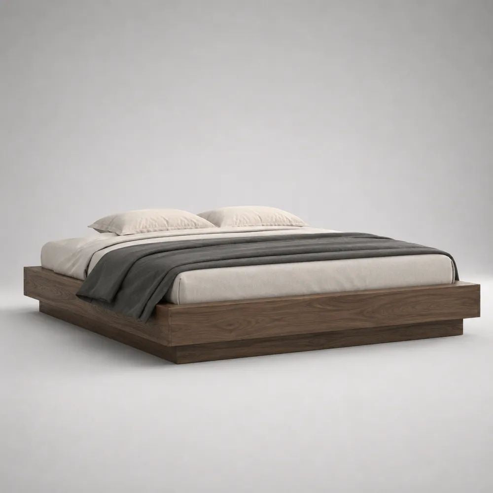 Doppelbett-Plattformbett aus MDF mit Walnussfurnier, ohne Kopfteil, Walnussbraun, 220 x 206 x 38 cm, Liegefläche 180 x 200 cm