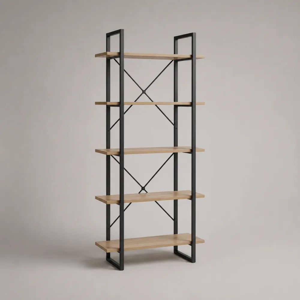 Bücherregal Standregal mit 5 Ablagen aus Spanplatte und Stahl, Eichefarben/Schwarz, 80 × 30 × 180 cm