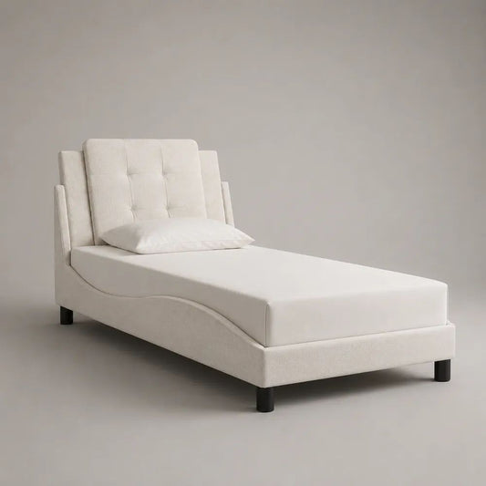 Polsterbett Einzelbett mit verstellbarem Kopfteil und Bouclébezug, Cremeweiß/Schwarz, 218 x 105 x 112 cm, Liegefläche 90 x 200 cm