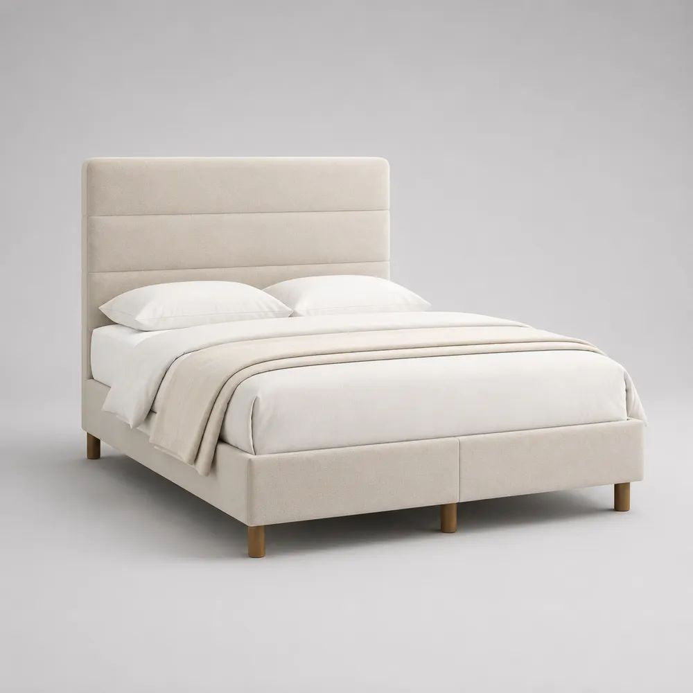 Polsterbett Doppelbett mit Lattenrost und Polyesterbezug, Creme, 160 × 200 cm