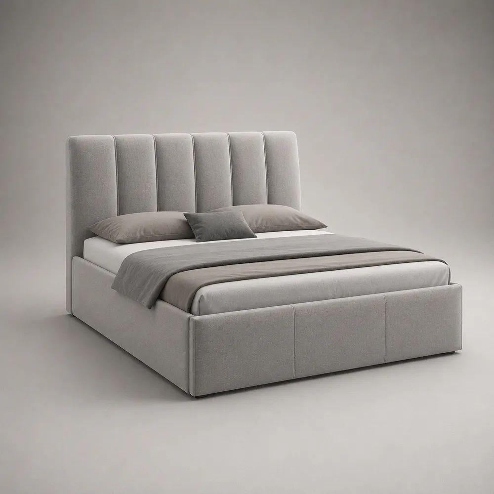 Polsterbett Doppelbett mit hohem Kopfteil aus Polyester-Flachgewebe, Hellgrau, Liegefläche 160 x 200 cm, Außenmaß 176 x 218 x 120 cm