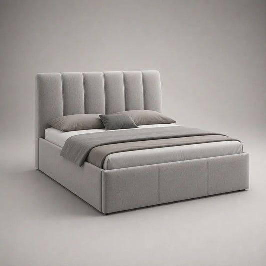 Polsterbett Doppelbett mit hohem Kopfteil aus Polyester-Flachgewebe, Hellgrau, Liegefläche 160 x 200 cm, Außenmaß 176 x 218 x 120 cm
