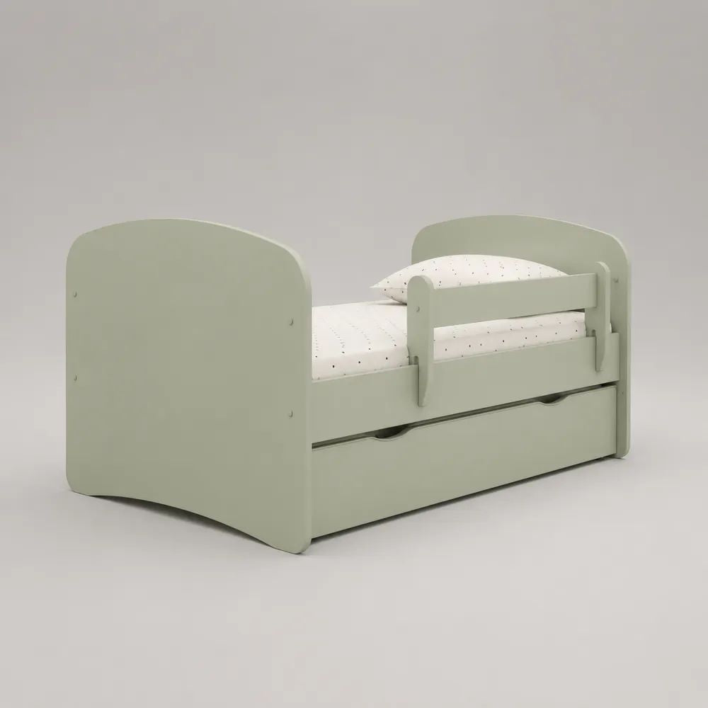 Kinderbett 70 × 140 cm aus MDF mit Rausfallschutz, Lattenrost und Schublade, Salbeigrün