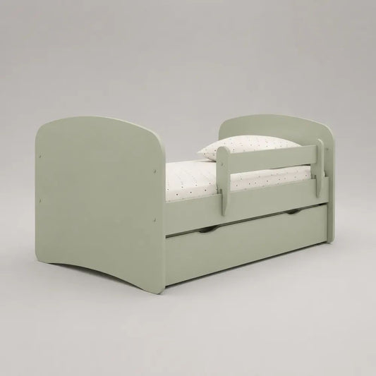 Kinderbett 70 × 140 cm aus MDF mit Rausfallschutz, Lattenrost und Schublade, Salbeigrün