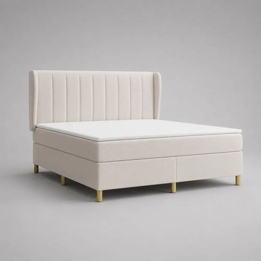 Boxspringbett-Set 180 x 200 cm aus Polyester-Samt in Creme mit Taschenfederkernmatratze, Topper und gepolstertem Kopfteil
