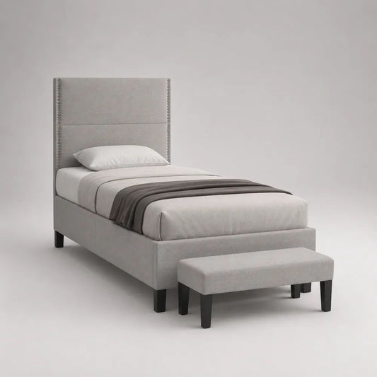 Polsterbett-Einzelbett mit Sitzbank, 2-teilig, Polyester und MDF, Liegefläche 90 × 200 cm, Hellgrau