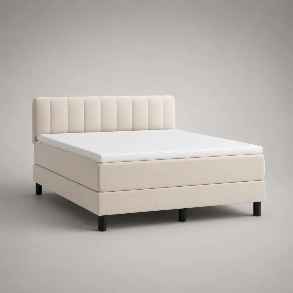 Boxspringbett-Komplettset mit Matratze, Topper und gepolstertem Kopfteil, Polyesterbezug, Beige, 180 x 200 cm