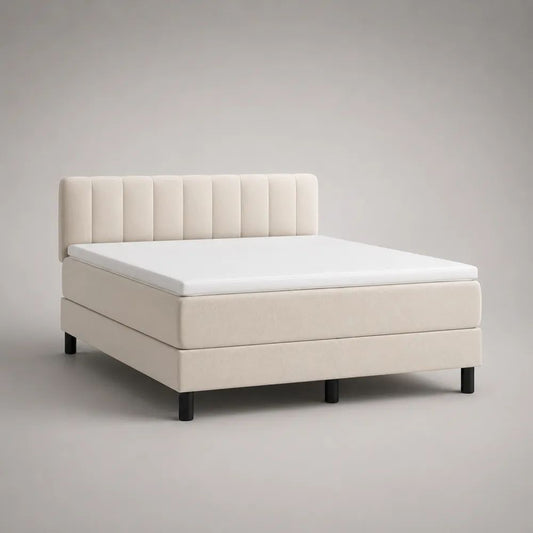 Boxspringbett-Komplettset mit Matratze, Topper und gepolstertem Kopfteil, Polyesterbezug, Beige, 180 x 200 cm