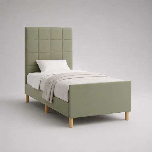 Polsterbett Einzelbett 90 x 200 cm mit Lattenrost, hohem Kopfteil und Polyesterbezug, Salbeigrün
