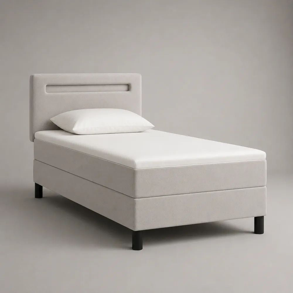 Boxspringbett 90 × 200 cm mit Matratze, gepolstertem Kopfteil und Stoffbezug, Gesamtmaß 210 × 100 × 110 cm, Creme