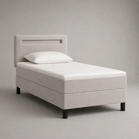 Boxspringbett 90 × 200 cm mit Matratze, gepolstertem Kopfteil und Stoffbezug, Gesamtmaß 210 × 100 × 110 cm, Creme