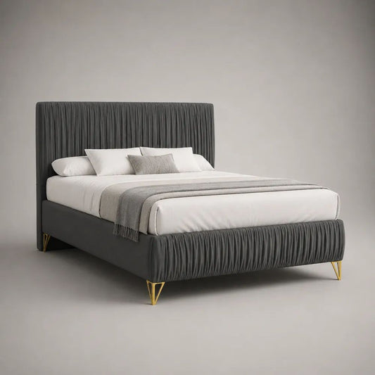 Polsterbett Doppelbett mit Polyester-Samtbezug, Liegefläche 180 × 200 cm, Gesamtmaß 220 × 195 × 130 cm, Dunkelgrau/Goldfarben