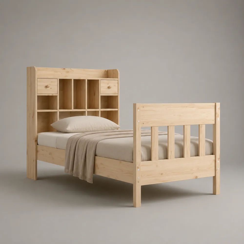 Einzelbett aus massivem Kiefernholz mit Stauraumkopfteil und 2 Schubladen, Natur, 90 × 200 cm