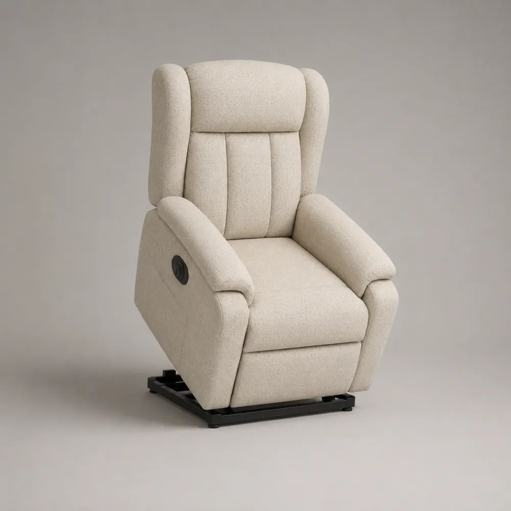 Elektrischer Aufstehsessel mit Liegefunktion, Bouclé-Polyester und Stahlgestell, Creme/Schwarz, 76 × 92 × 108 cm