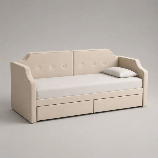 Polster-Tagesbett mit Matratze, Kissen und 2 Schubladen, Beige/Weiß, Liegefläche 90 × 200 cm, Gesamtmaß 215 × 100 × 90 cm