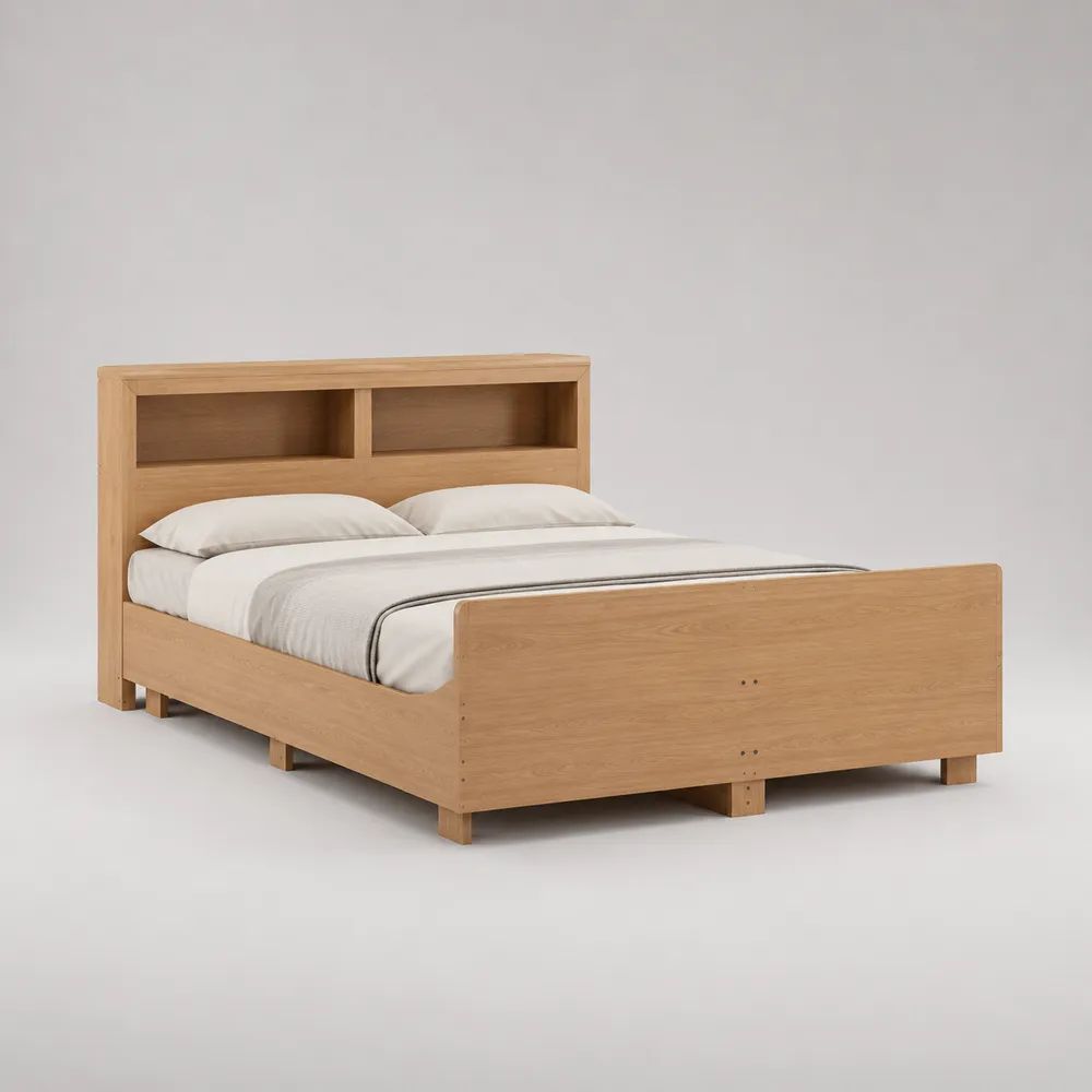 Doppelbett-Bettgestell mit Regal-Kopfteil aus Eichenfurnier, Eiche Natur, Liegefläche 160 x 200 cm, Gesamtmaß 169 x 218 x 110 cm