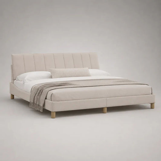 Beiges Polsterbett Doppelbett mit Lattenrost aus Polyester und Massivholz, Liegefläche 180 × 200 cm, Gesamtmaß 196 × 216 × 110 cm