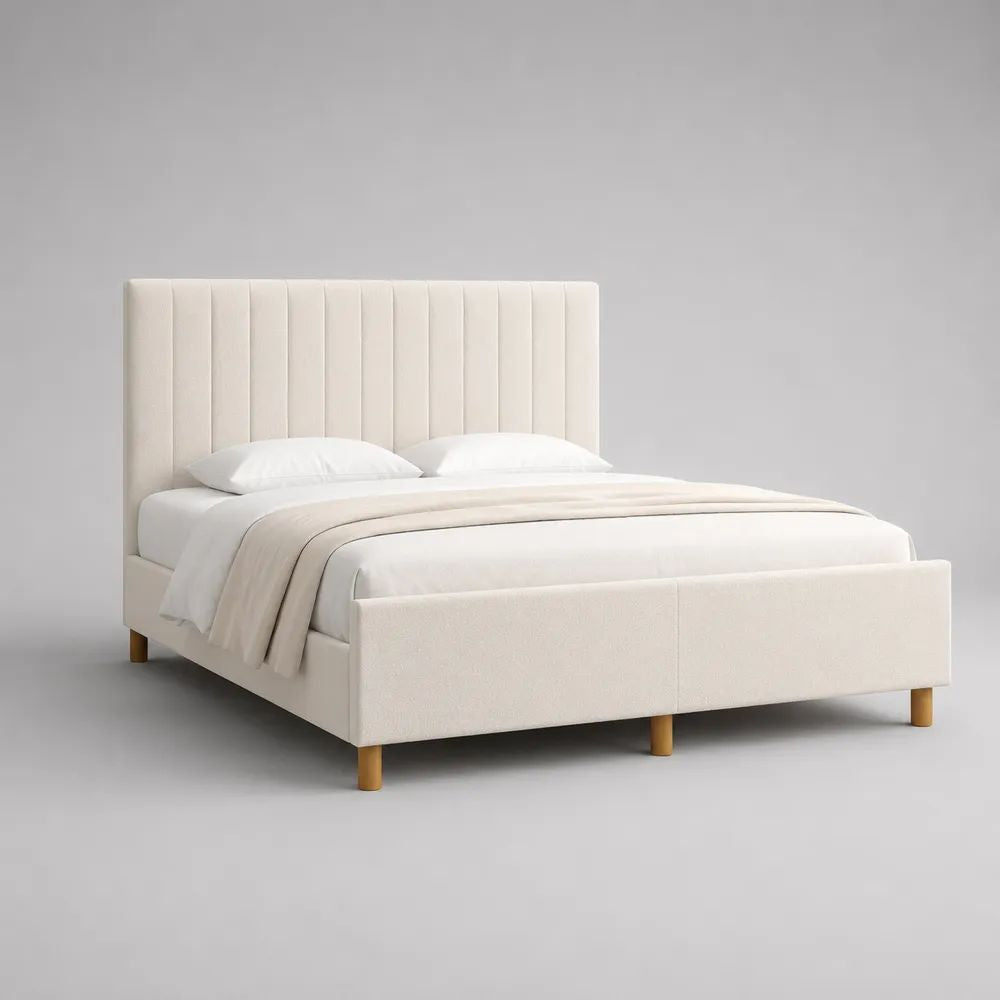 Polsterbett Doppelbett 160 x 200 cm mit Polyester-Bouclébezug, vertikal gestepptem Kopfteil und Lattenrost, Creme/Hellbraun