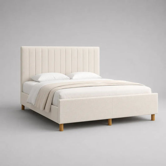 Polsterbett Doppelbett 160 x 200 cm mit Polyester-Bouclébezug, vertikal gestepptem Kopfteil und Lattenrost, Creme/Hellbraun