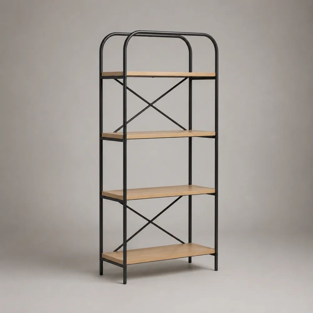 Bücherregal Standregal mit 4 Ablagen aus MDF und Stahl, Eichefarben/Schwarz, 60 × 30 × 150 cm