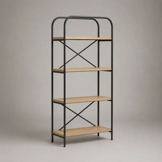 Bücherregal Standregal mit 4 Ablagen aus MDF und Stahl, Eichefarben/Schwarz, 60 × 30 × 150 cm
