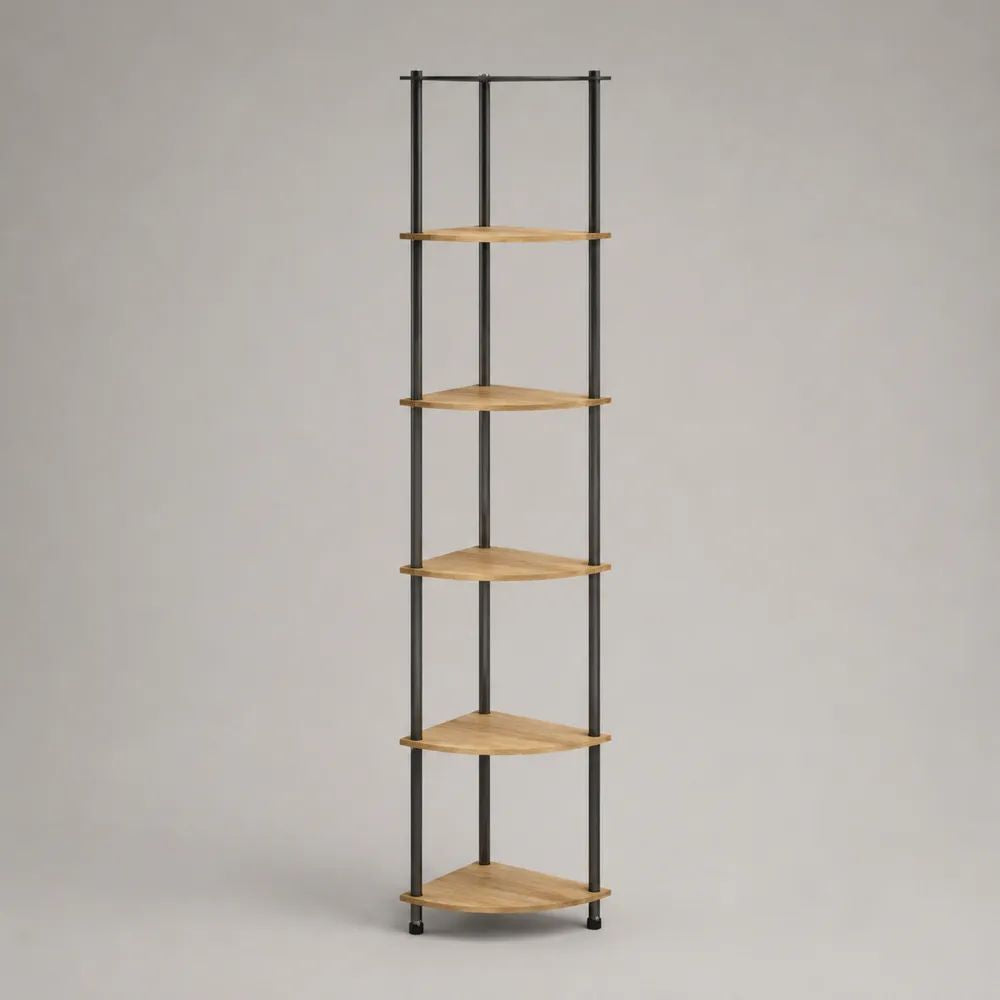 Bücherregal Eckregal mit 5 Ablagen aus MDF und Stahl, dreieckig, Eichefarben/Schwarz, 45 × 32 × 180 cm