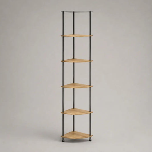 Bücherregal Eckregal mit 5 Ablagen aus MDF und Stahl, dreieckig, Eichefarben/Schwarz, 45 × 32 × 180 cm