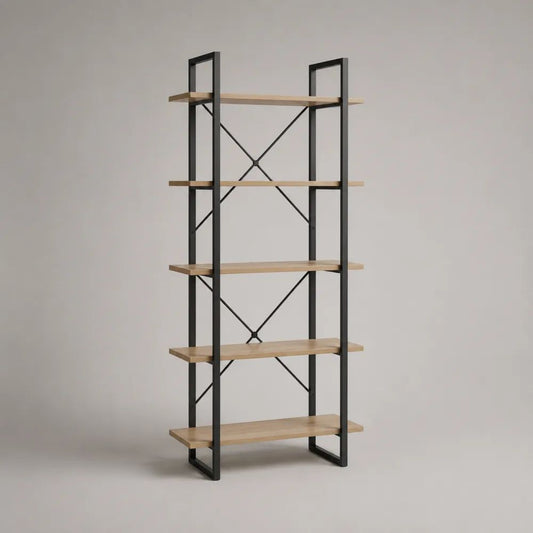 Bücherregal Standregal mit 5 Ablagen aus Spanplatte und Stahl, Eichefarben/Schwarz, 80 × 30 × 180 cm